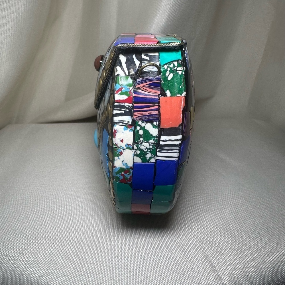Ramla Mosaic Clutch Boho Stone Inlay Brass Purse Chain Strap Boho - Picture 3 of 9